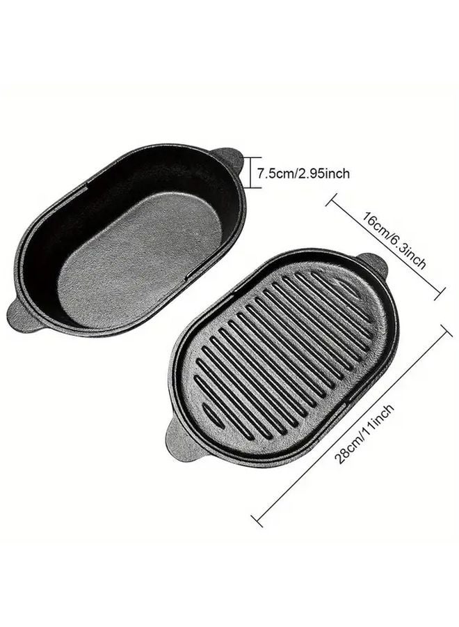 Black Cast Iron Reversible Grill Pan 11X6 3in Oval Griddle For Indoor Outdoor Cooking - Image 2